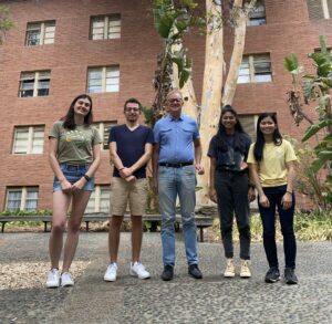 Members of the UCLA URGE Pod stand in UCLA's Court of Sciences. Left to right: Hannah Tandy, Saeed Mohanna, Lars Stixrude, Jaahnavee Venkatraman, Leslie Insixiengmay